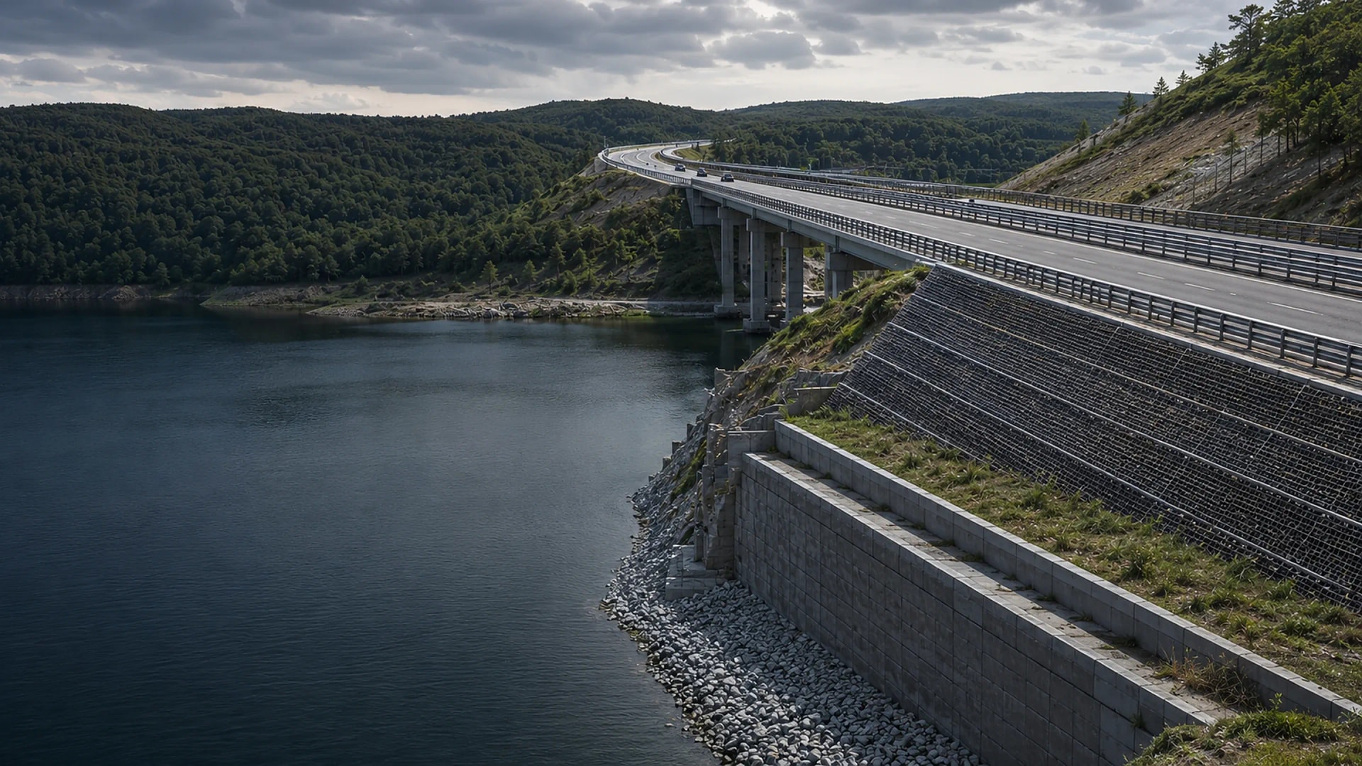 Motorway bridge and a reinforced soil embankment above a reservoir.