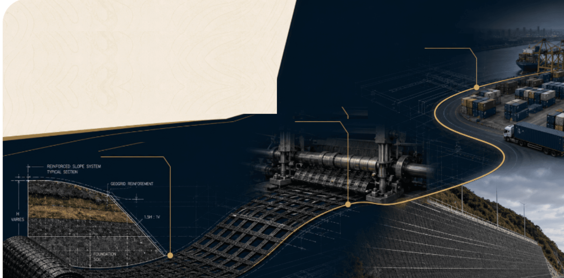 One continuous route from a reinforced slope cross section, through production within our China supply chain, to a container port and a completed retaining wall.