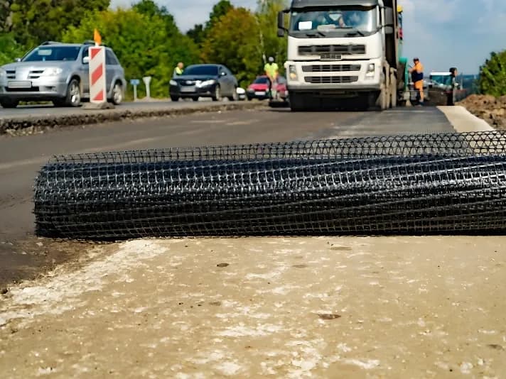Roll of biaxial geogrid set out on the road base before laying.